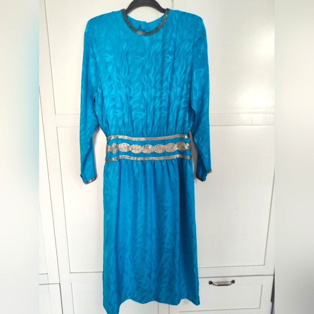 Vintage Turquoise Nordstrom Town Square Silk Dress With Sequins Fit Size 10 (12)